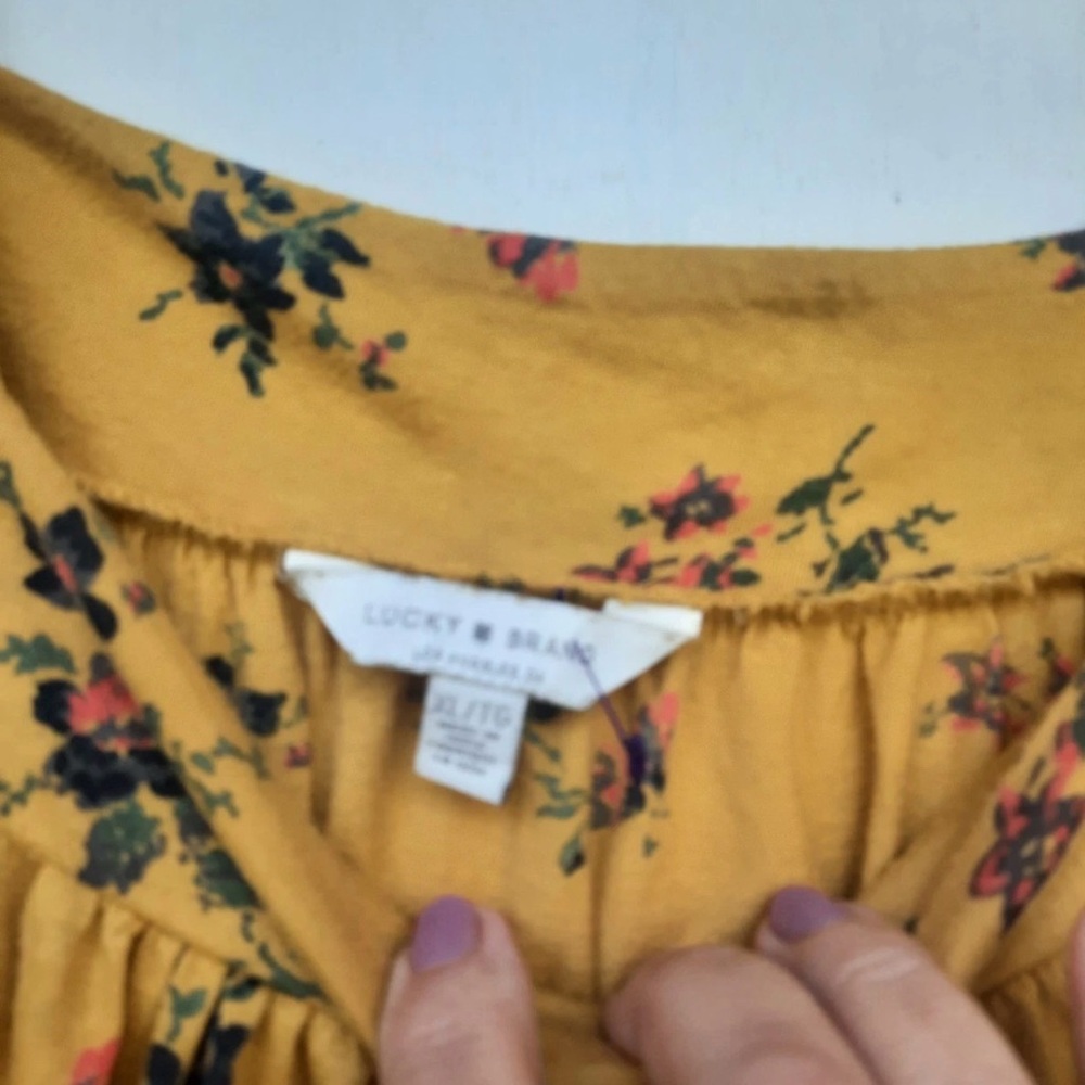 Lucky Brand Mustard yellow Floral Square-Neck Women’s peasant Top blouse tee XL - Picture 4 of 8